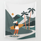Single Fin Soul - Surfing Illustration with Longboard Balancing Surfer Girl Wall Tapestry Gallery Image 4