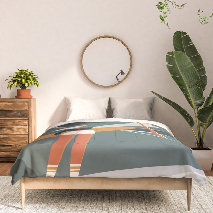Single Fin Soul - Surfing Illustration with Longboard Balancing Surfer Girl Comforter Gallery Image 3