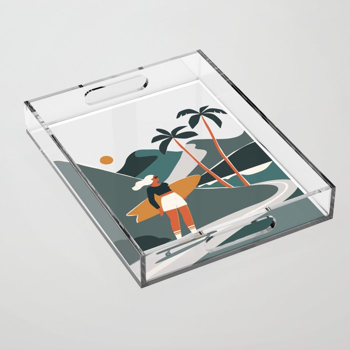 Single Fin Soul - Surfing Illustration with Longboard Balancing Surfer Girl Acrylic Tray Gallery Image 1