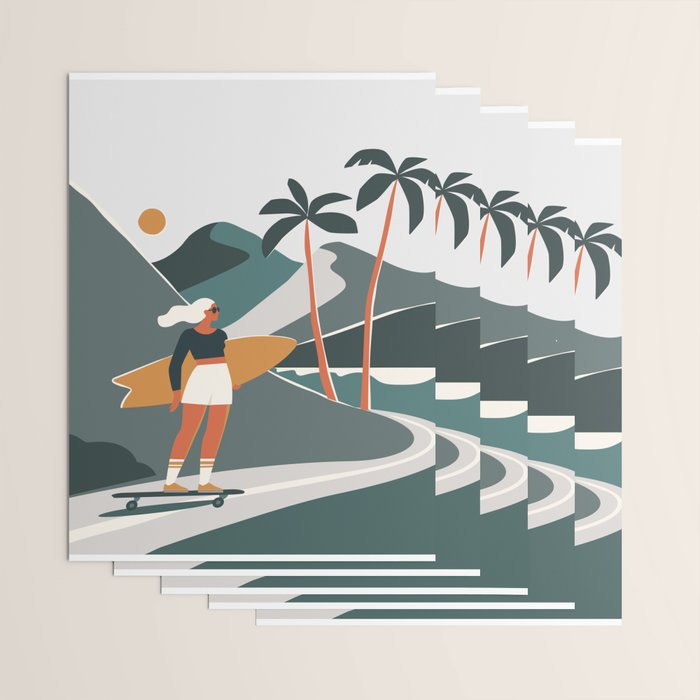 Single Fin Soul - Surfing Illustration with Longboard Balancing Surfer Girl Wrapping Paper Gallery Image 3