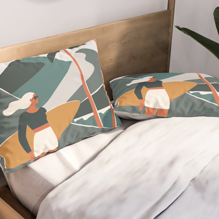 Single Fin Soul - Surfing Illustration with Longboard Balancing Surfer Girl Pillow Sham Gallery Image 2
