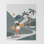 Single Fin Soul - Surfing Illustration with Longboard Balancing Surfer Girl Throw Blanket Gallery Image 2