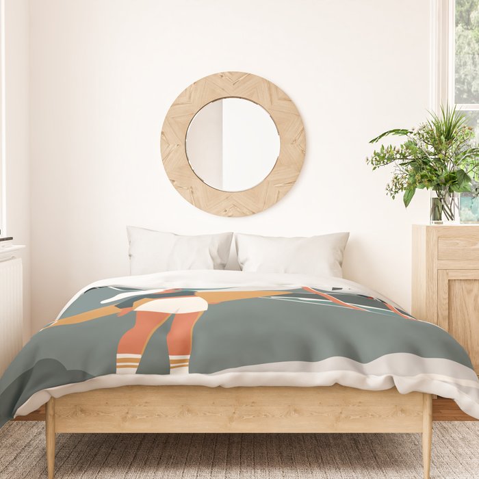 Single Fin Soul - Surfing Illustration with Longboard Balancing Surfer Girl Duvet Cover Gallery Image 3