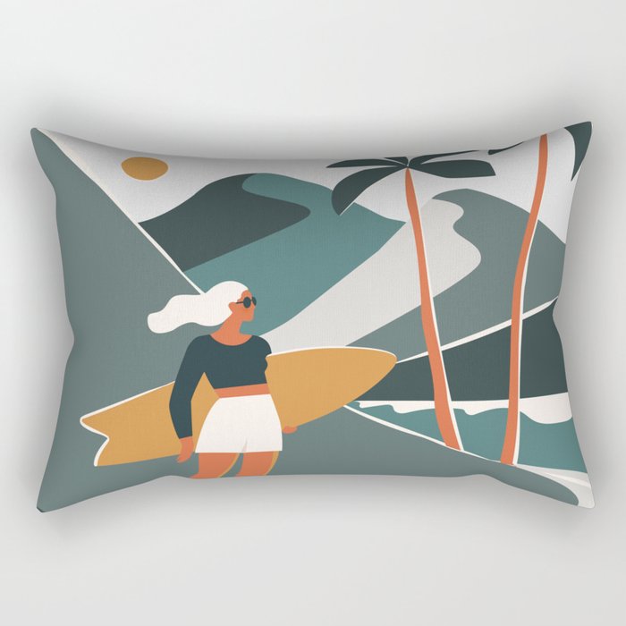Single Fin Soul - Surfing Illustration with Longboard Balancing Surfer Girl Rectangular Pillow Gallery Image 1