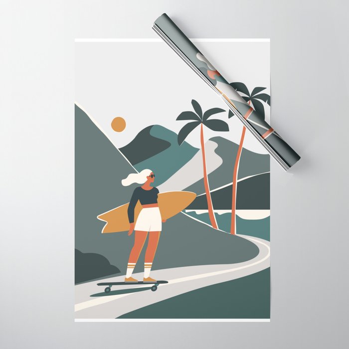 Single Fin Soul - Surfing Illustration with Longboard Balancing Surfer Girl Wrapping Paper Gallery Image 1