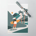 Single Fin Soul - Surfing Illustration with Longboard Balancing Surfer Girl Wrapping Paper Gallery Image 1