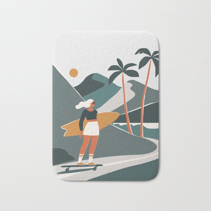 Single Fin Soul - Surfing Illustration with Longboard Balancing Surfer Girl Bath Mat Gallery Image 1