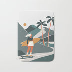 Single Fin Soul - Surfing Illustration with Longboard Balancing Surfer Girl Bath Mat Gallery Image 1