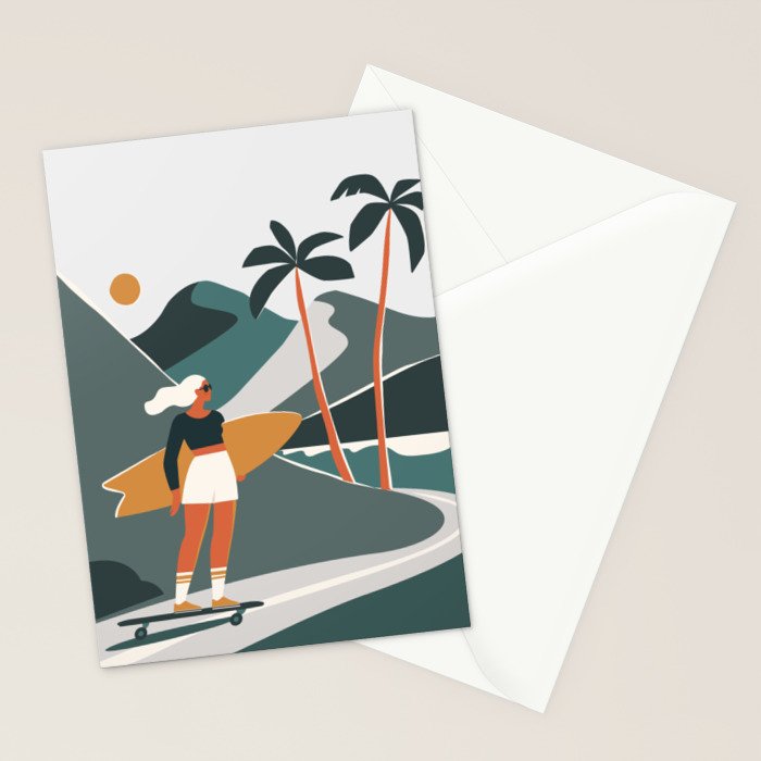 Single Fin Soul - Surfing Illustration with Longboard Balancing Surfer Girl Stationery Card Gallery Image 2