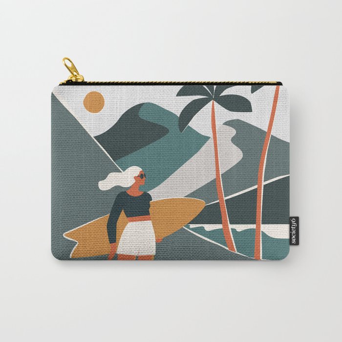 Single Fin Soul - Surfing Illustration with Longboard Balancing Surfer Girl Carry All Pouch Gallery Image 1