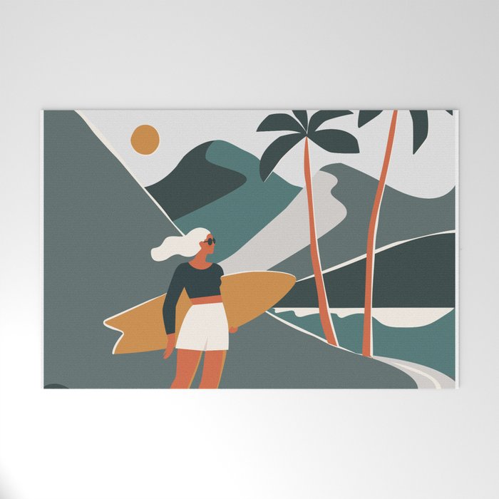 Single Fin Soul - Surfing Illustration with Longboard Balancing Surfer Girl Welcome Mat Gallery Image 1