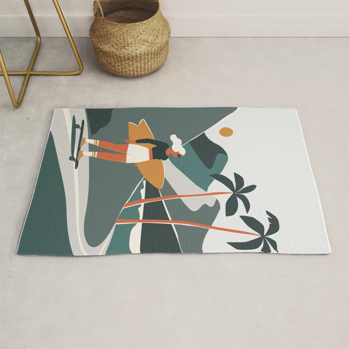 Single Fin Soul - Surfing Illustration with Longboard Balancing Surfer Girl Rug Gallery Image 1