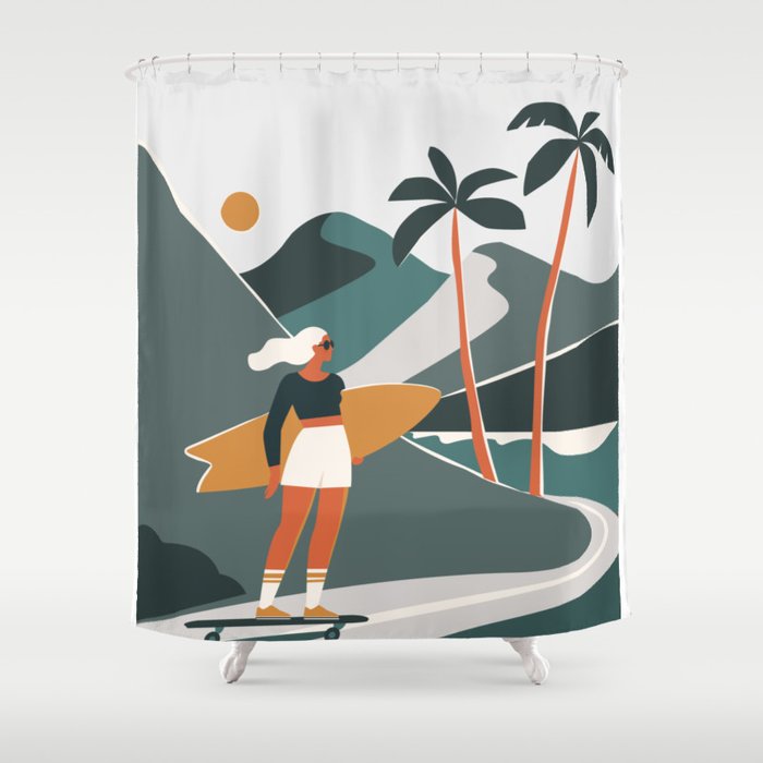 Single Fin Soul - Surfing Illustration with Longboard Balancing Surfer Girl Shower Curtain Gallery Image 1