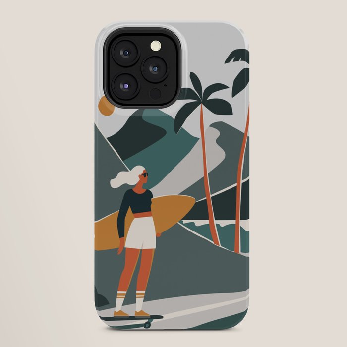 Single Fin Soul - Surfing Illustration with Longboard Balancing Surfer Girl iPhone Case Gallery Image 28