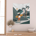 Single Fin Soul - Surfing Illustration with Longboard Balancing Surfer Girl Wall Tapestry Gallery Image 2