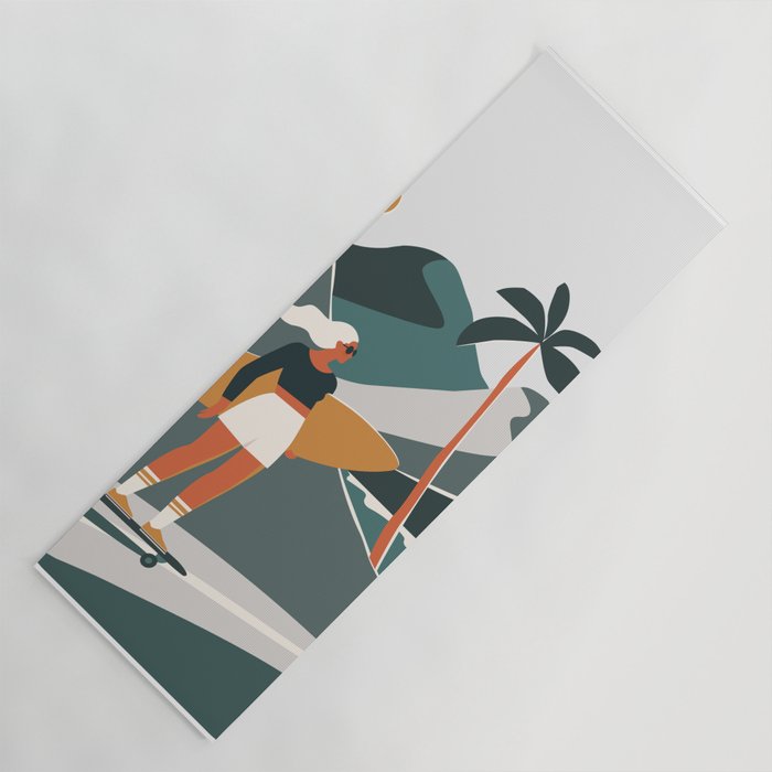 Single Fin Soul - Surfing Illustration with Longboard Balancing Surfer Girl Yoga Mat Gallery Image 1