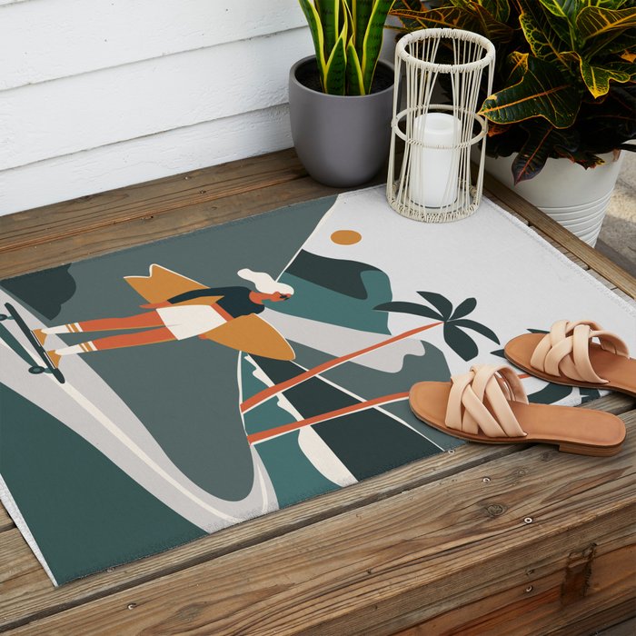 Single Fin Soul - Surfing Illustration with Longboard Balancing Surfer Girl Outdoor Rug Gallery Image 2