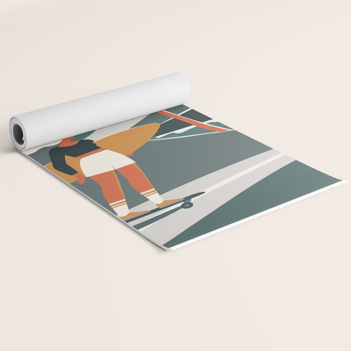 Single Fin Soul - Surfing Illustration with Longboard Balancing Surfer Girl Yoga Mat Gallery Image 2
