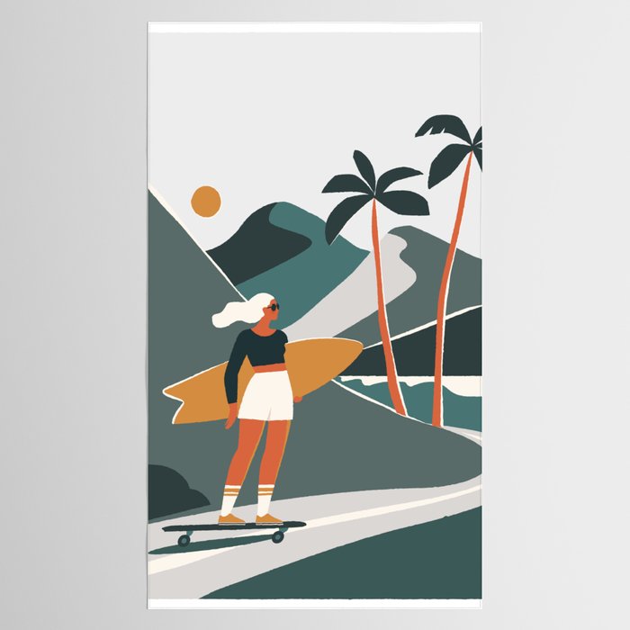 Single Fin Soul - Surfing Illustration with Longboard Balancing Surfer Girl Tablecloth Gallery Image 2