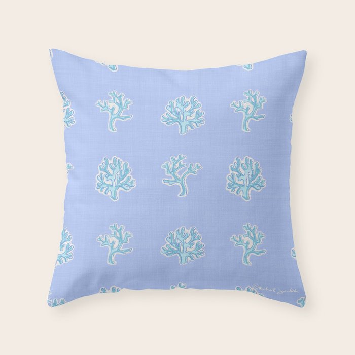 Coastal Coral Block Print in Blue and Aqua Throw Pillow Gallery Image 1