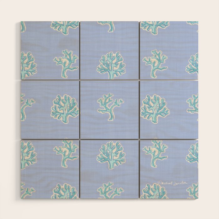Coastal Coral Block Print in Blue and Aqua Wood Wall Art Gallery Image 1
