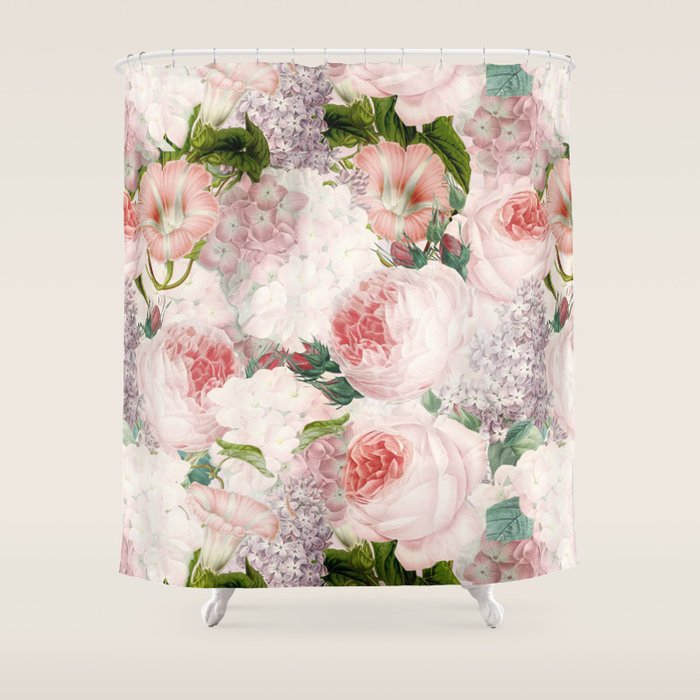 Vintage & Shabby Chic - Pastel Pink Botanical Summer Roses Garden Shower Curtain Gallery Image 1