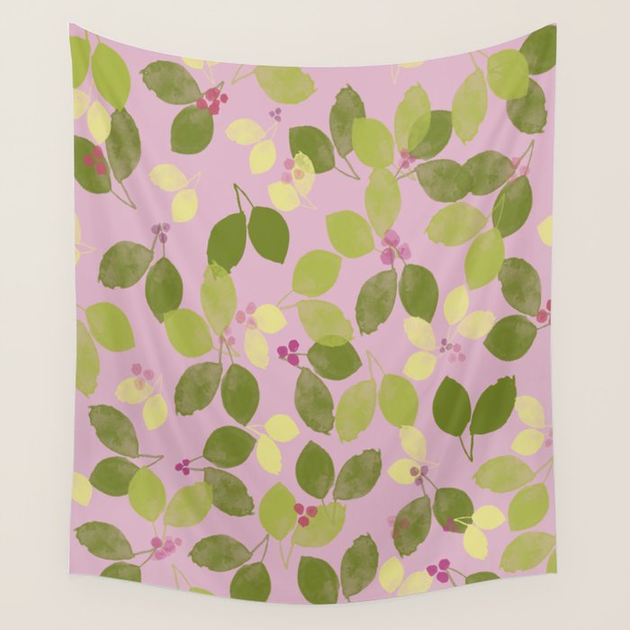 Summer Leaves and Berries on Pink Wall Tapestry Gallery Image 4