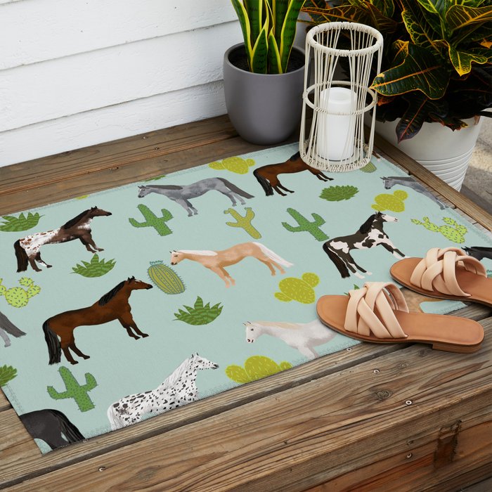 Horses Cactus - horse, cactus, western, texas, cowgirl, girl, cactus fabric, blanket, horse Outdoor Rug Gallery Image 2