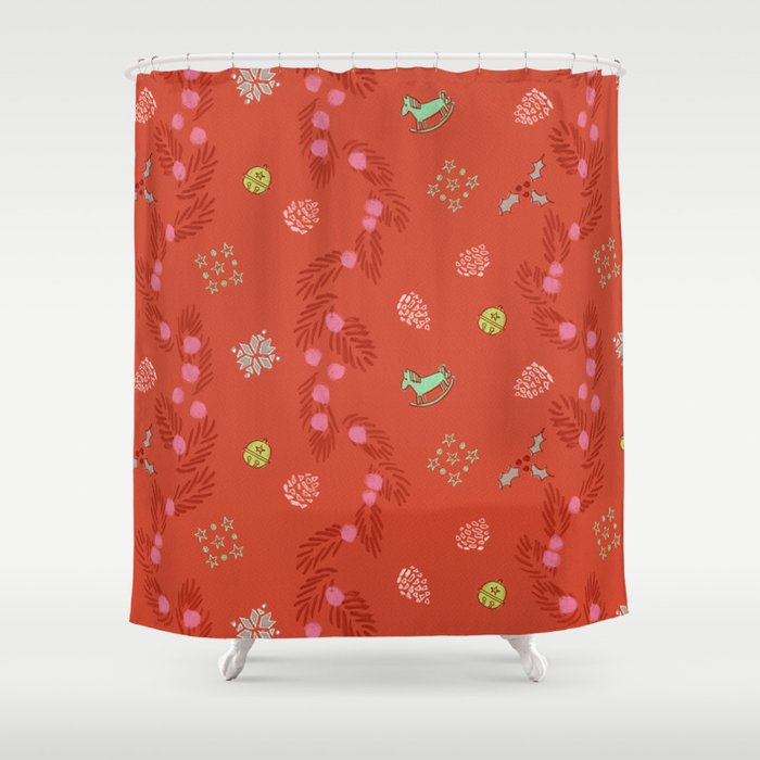 Whimsical Tiny Toys & Pine Branches in Red Shower Curtain Gallery Image 1