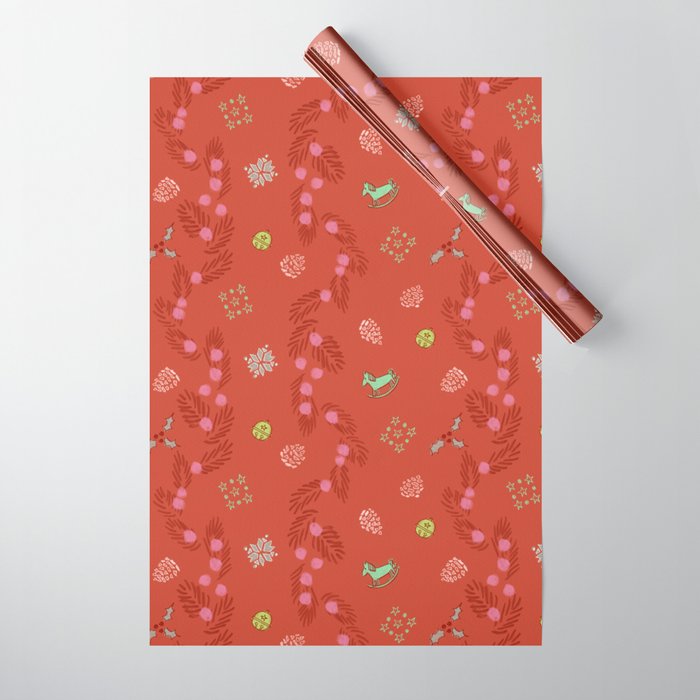 Whimsical Tiny Toys & Pine Branches in Red Wrapping Paper Gallery Image 1