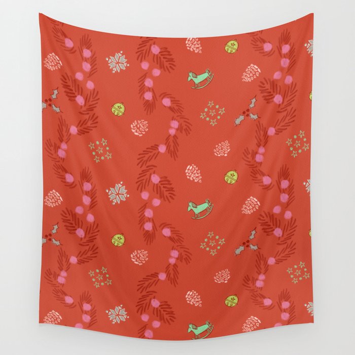 Whimsical Tiny Toys & Pine Branches in Red Wall Tapestry Gallery Image 1