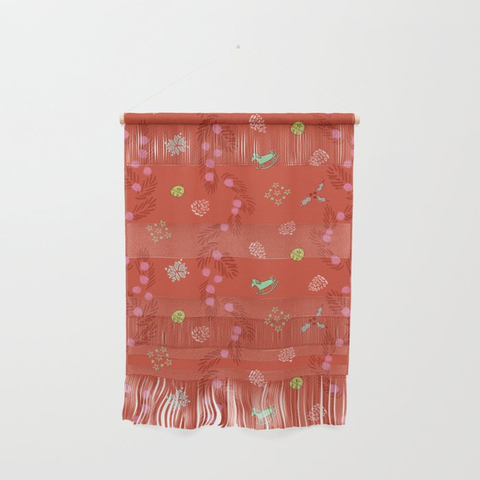Whimsical Tiny Toys & Pine Branches in Red Wall Hanging Gallery Image 1