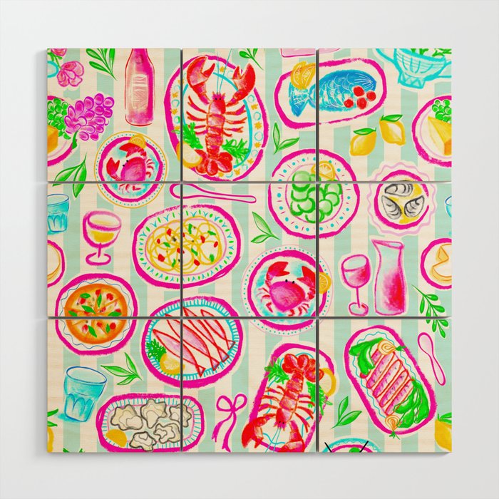 La Dolce Vita Summer Italian Table on blue and white stripes Wood Wall Art Gallery Image 1