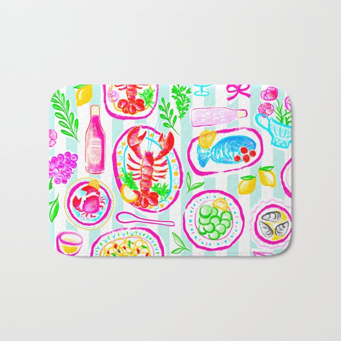 La Dolce Vita Summer Italian Table on blue and white stripes Bath Mat Gallery Image 1
