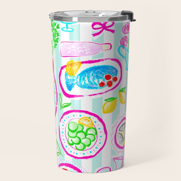 La Dolce Vita Summer Italian Table on blue and white stripes Travel Mug Gallery Image 2
