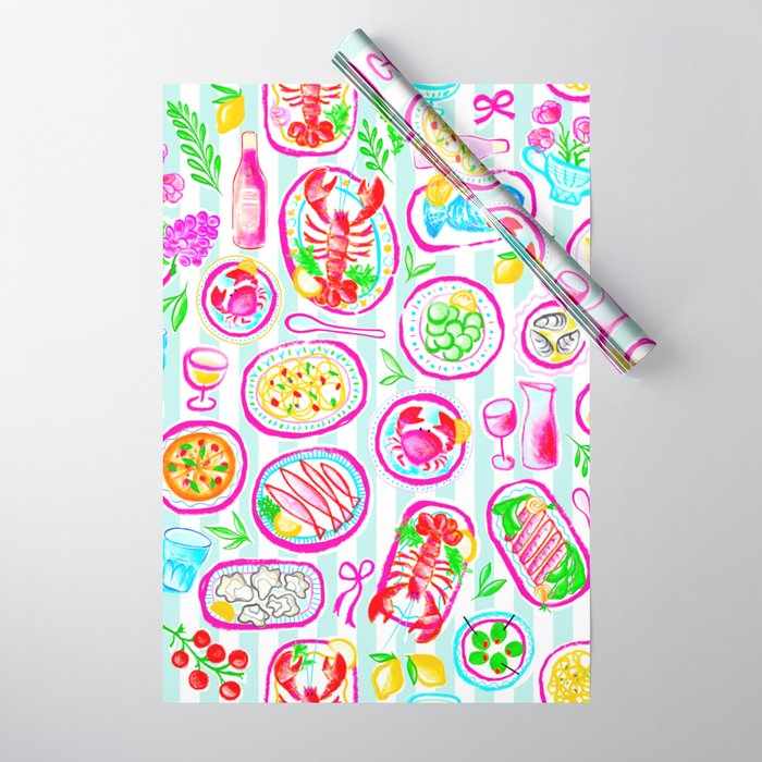 La Dolce Vita Summer Italian Table on blue and white stripes Wrapping Paper Gallery Image 1