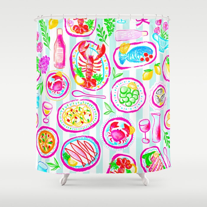 La Dolce Vita Summer Italian Table on blue and white stripes Shower Curtain Gallery Image 1