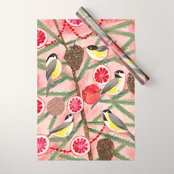Chickadee birds in abstract tree Wrapping Paper Gallery Image 1