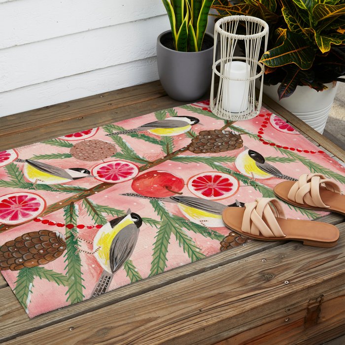 Chickadee birds in abstract tree Outdoor Rug Gallery Image 2