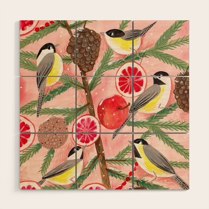 Chickadee birds in abstract tree Wood Wall Art Gallery Image 1