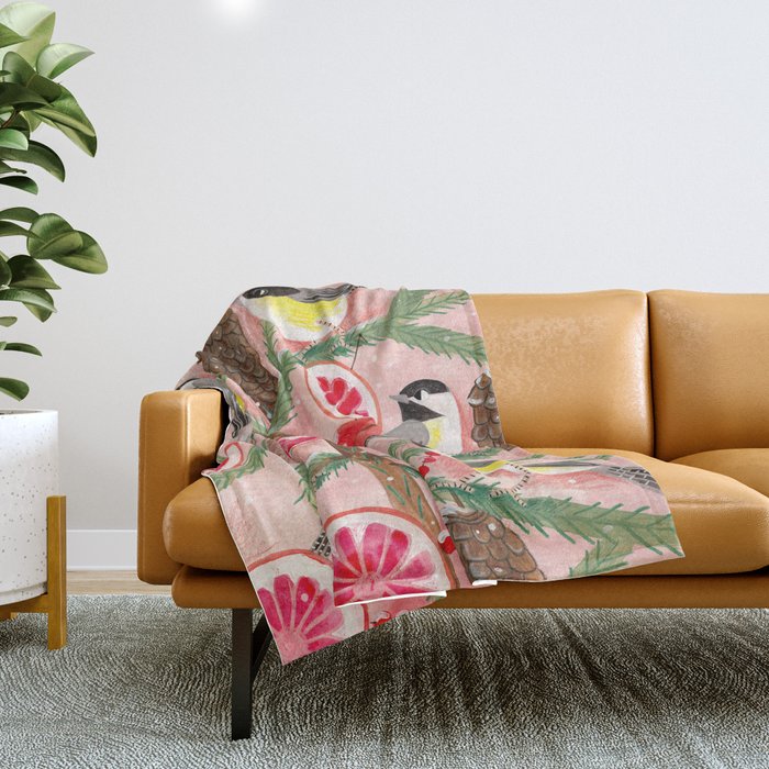 Chickadee birds in abstract tree Throw Blanket Gallery Image 1