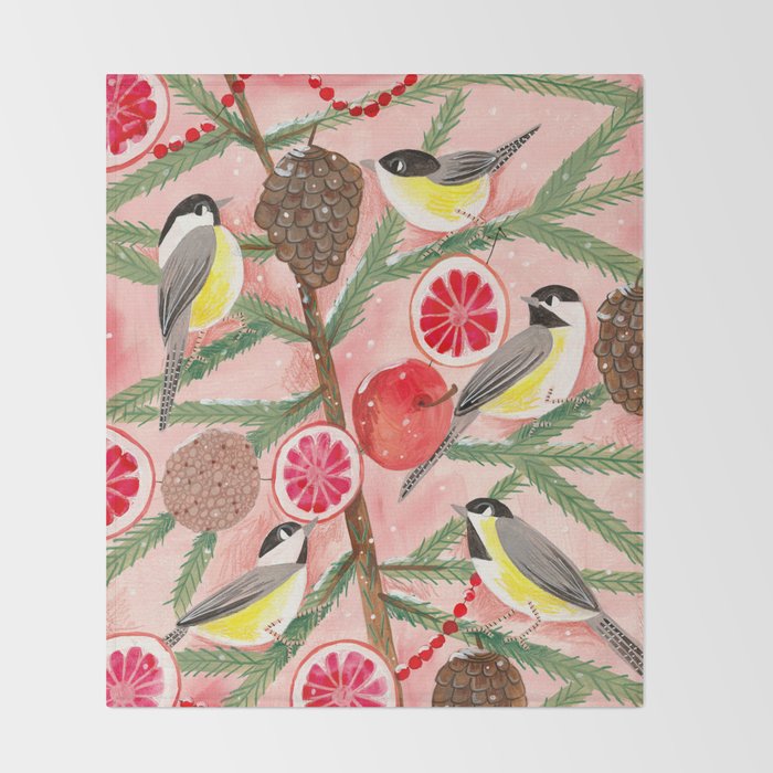 Chickadee birds in abstract tree Throw Blanket Gallery Image 2
