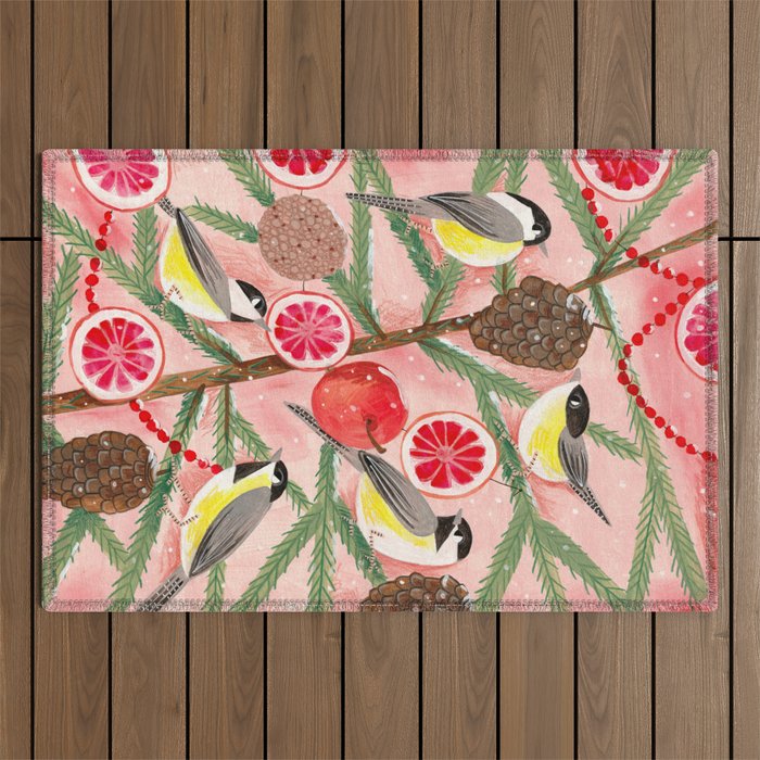 Chickadee birds in abstract tree Outdoor Rug Gallery Image 1