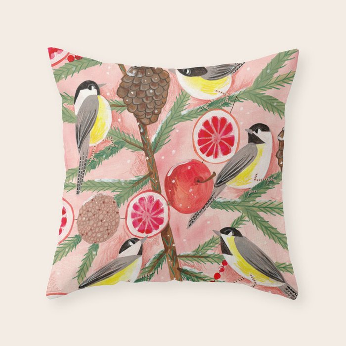 Chickadee birds in abstract tree Throw Pillow Gallery Image 6