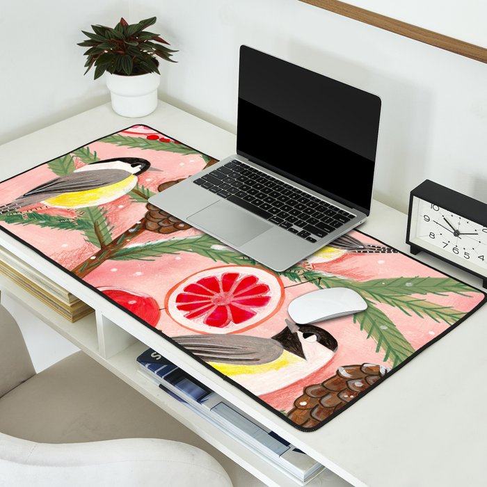 Chickadee birds in abstract tree Desk Mat Gallery Image 2