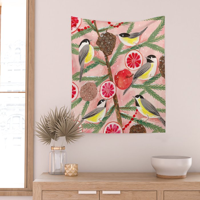 Chickadee birds in abstract tree Wall Tapestry Gallery Image 2