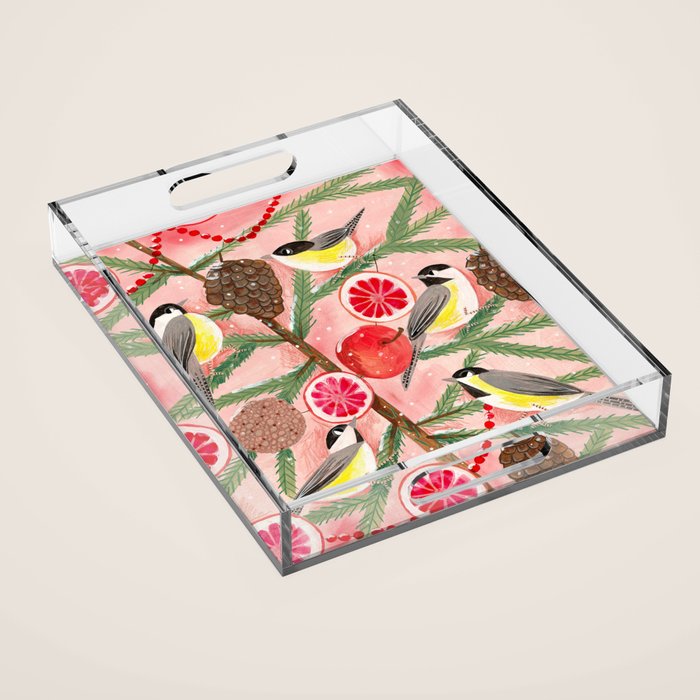 Chickadee birds in abstract tree Acrylic Tray Gallery Image 1