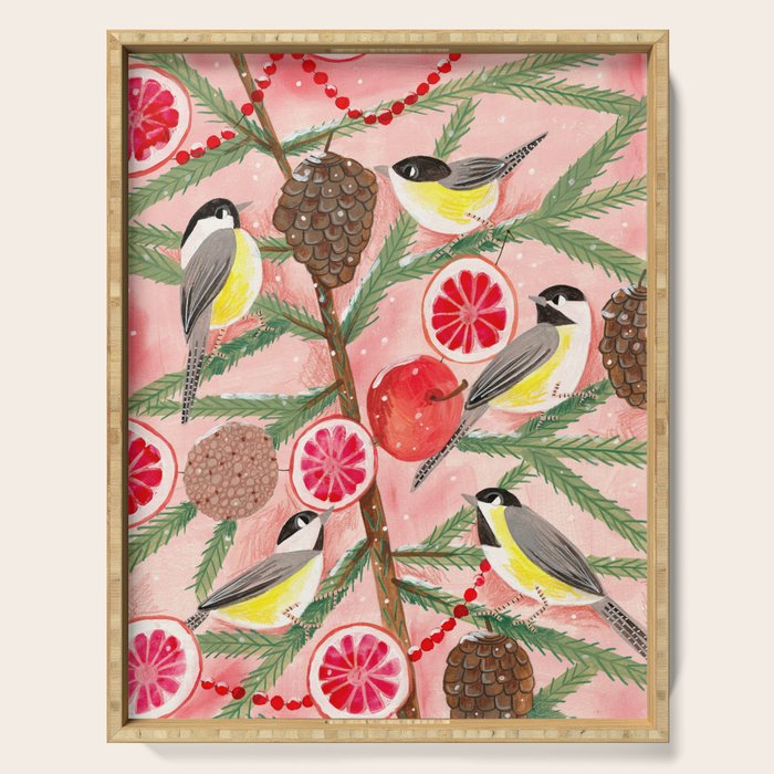 Chickadee birds in abstract tree Serving Tray Gallery Image 1
