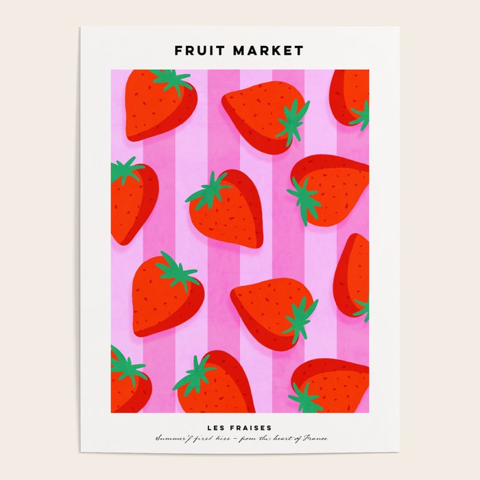 Les fraises - strawberry fruit market poster on pink stripes Poster Gallery Image 1