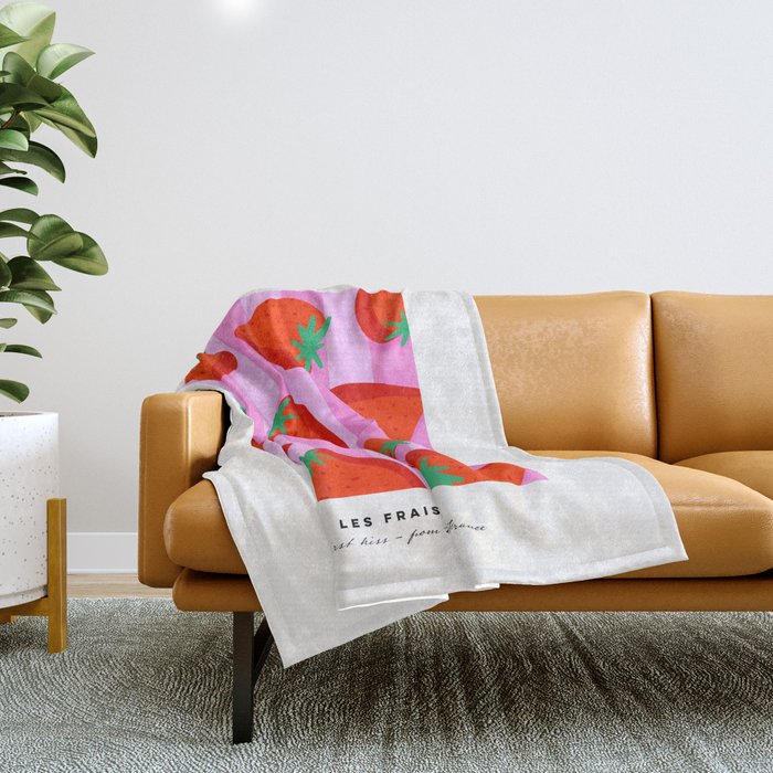 Les fraises - strawberry fruit market poster on pink stripes Throw Blanket Gallery Image 1